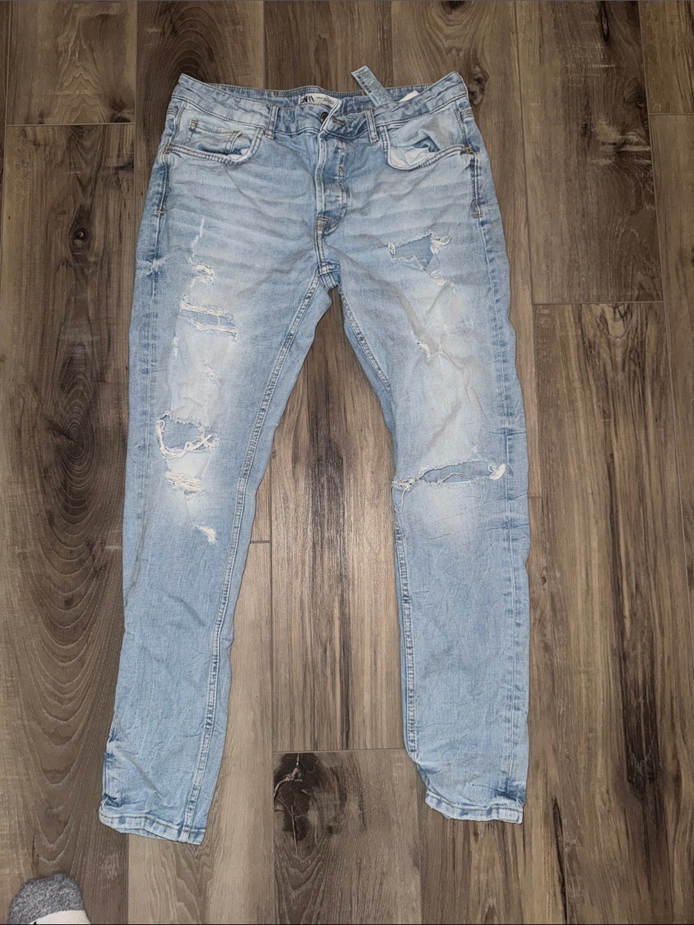 Zara Light Blue Distressed Slim Straight Jeans